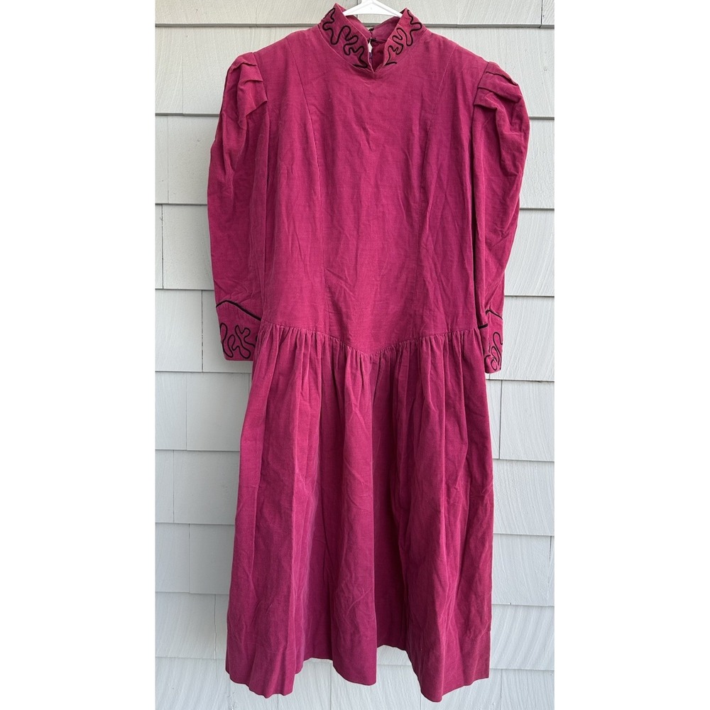 Vintage Belle France Fuchsia Corduroy Midi Dress – Soutache Trim – Size 10